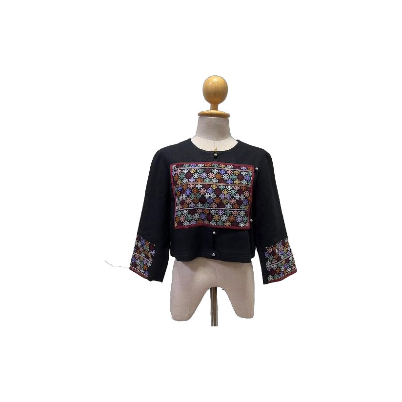Round Neck Buttoned Top with Tribal Embroidery