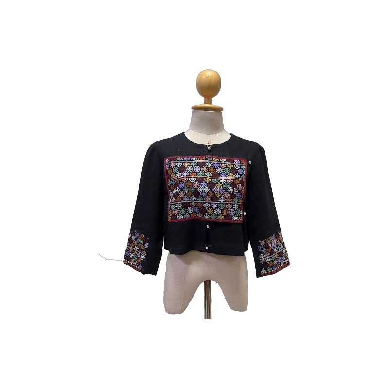 Round Neck Buttoned Top with Tribal Embroidery
