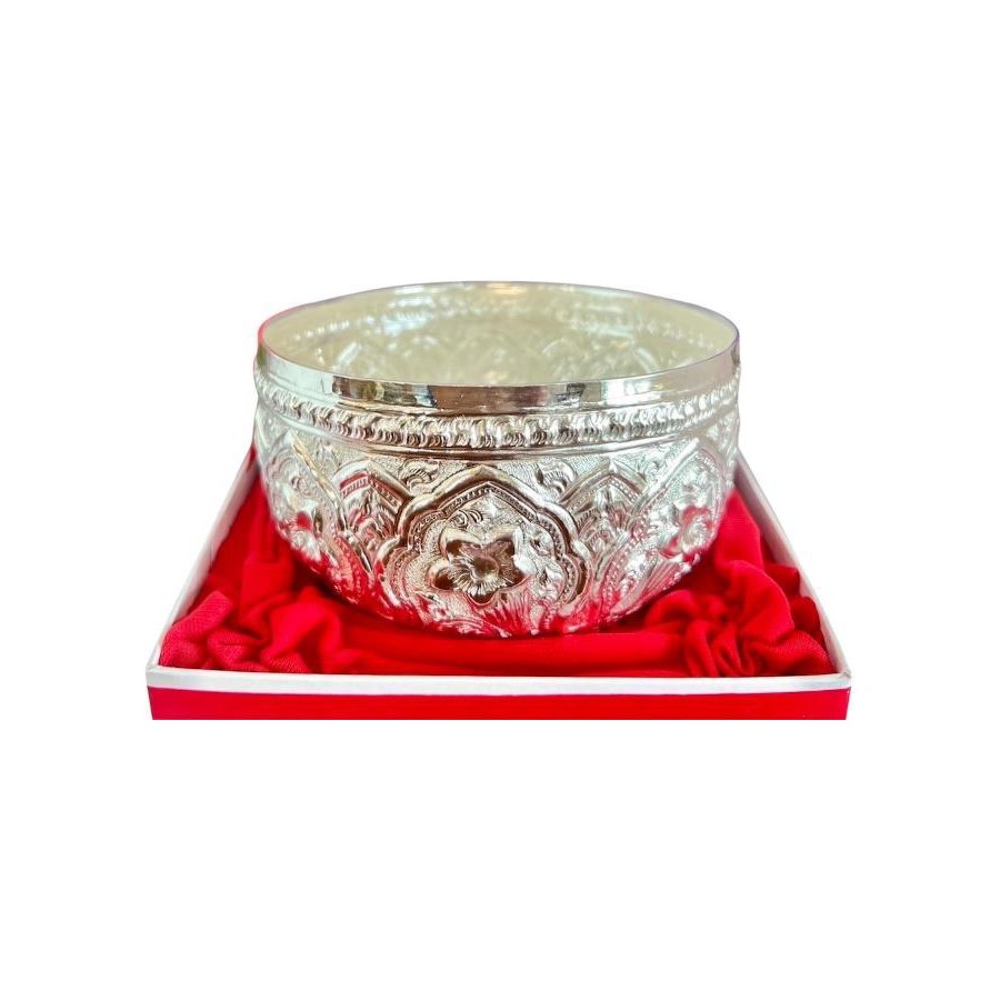 Silver Bowl, Golden Kasalong Flower Pattern
