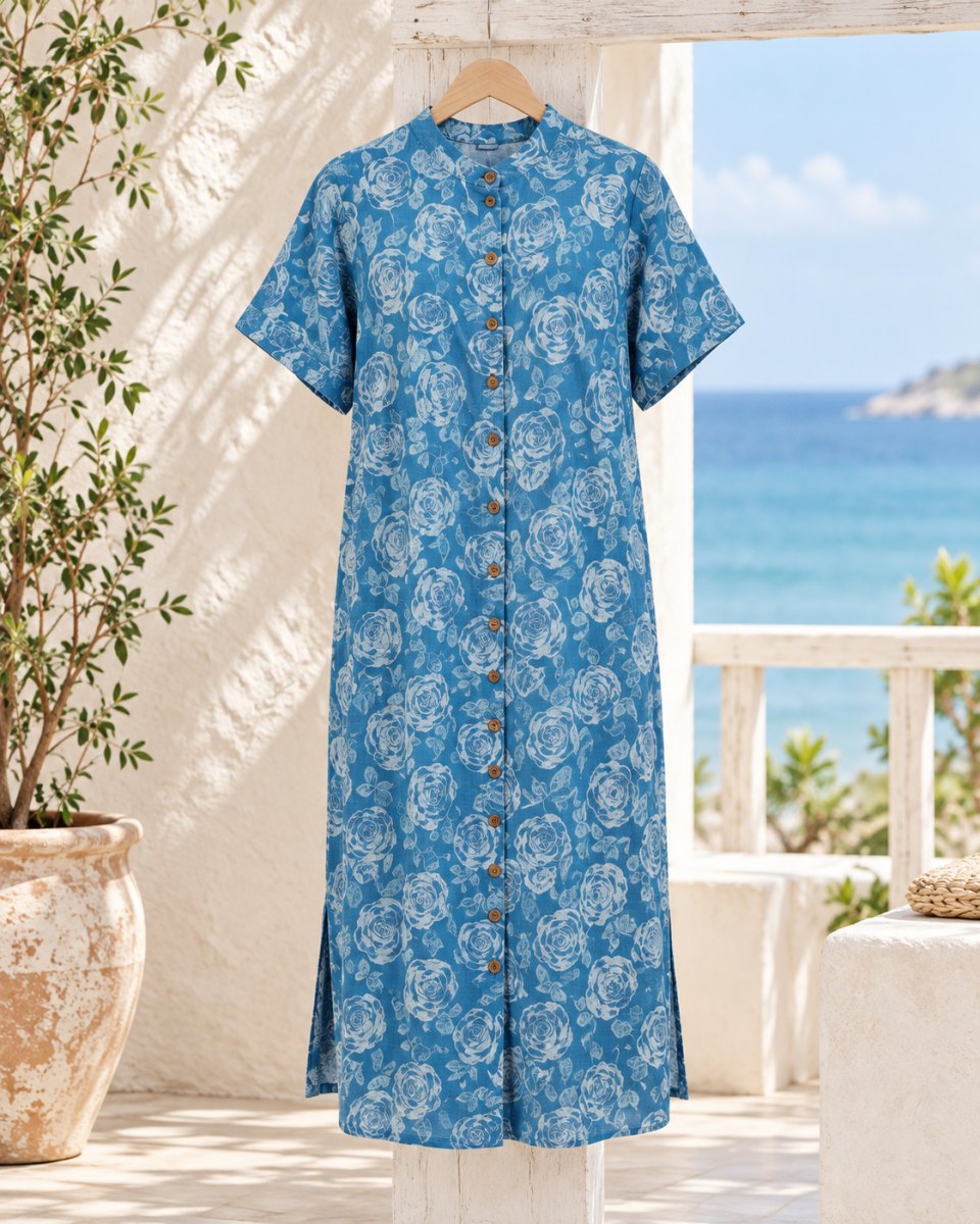 Blue Rose-Print Cotton Shirt Dress