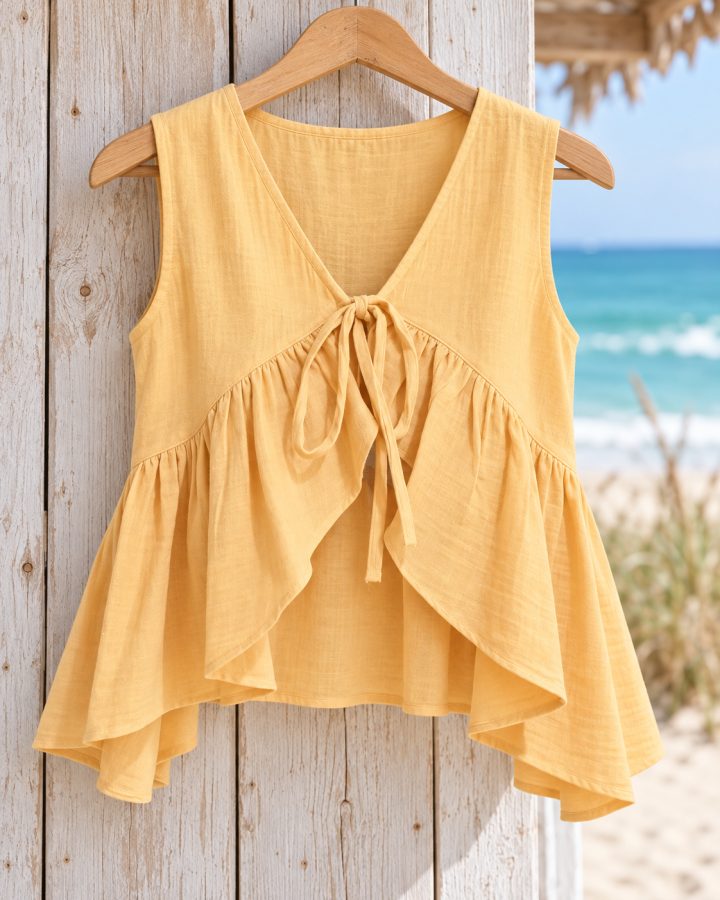 Butter-Yellow Sleeveless Tie-Front Peplum Top