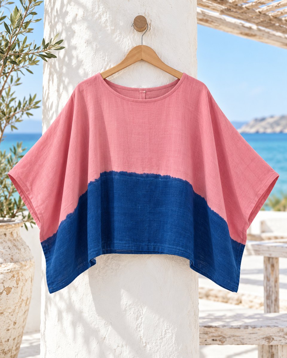 Dusty Rose & Indigo Dip-Dyed Cotton Poncho Top