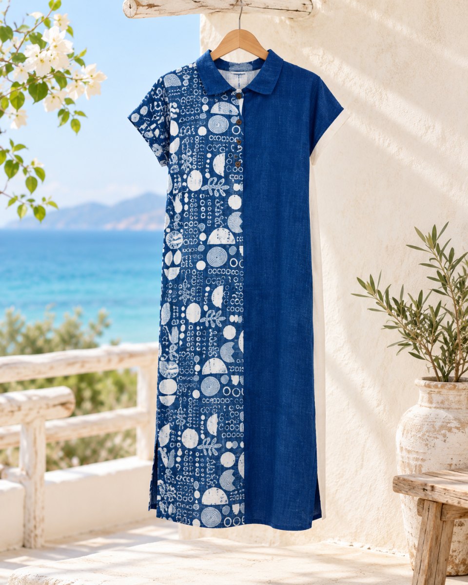 Half-Print Indigo Cotton Dress with Peter Pan Collar