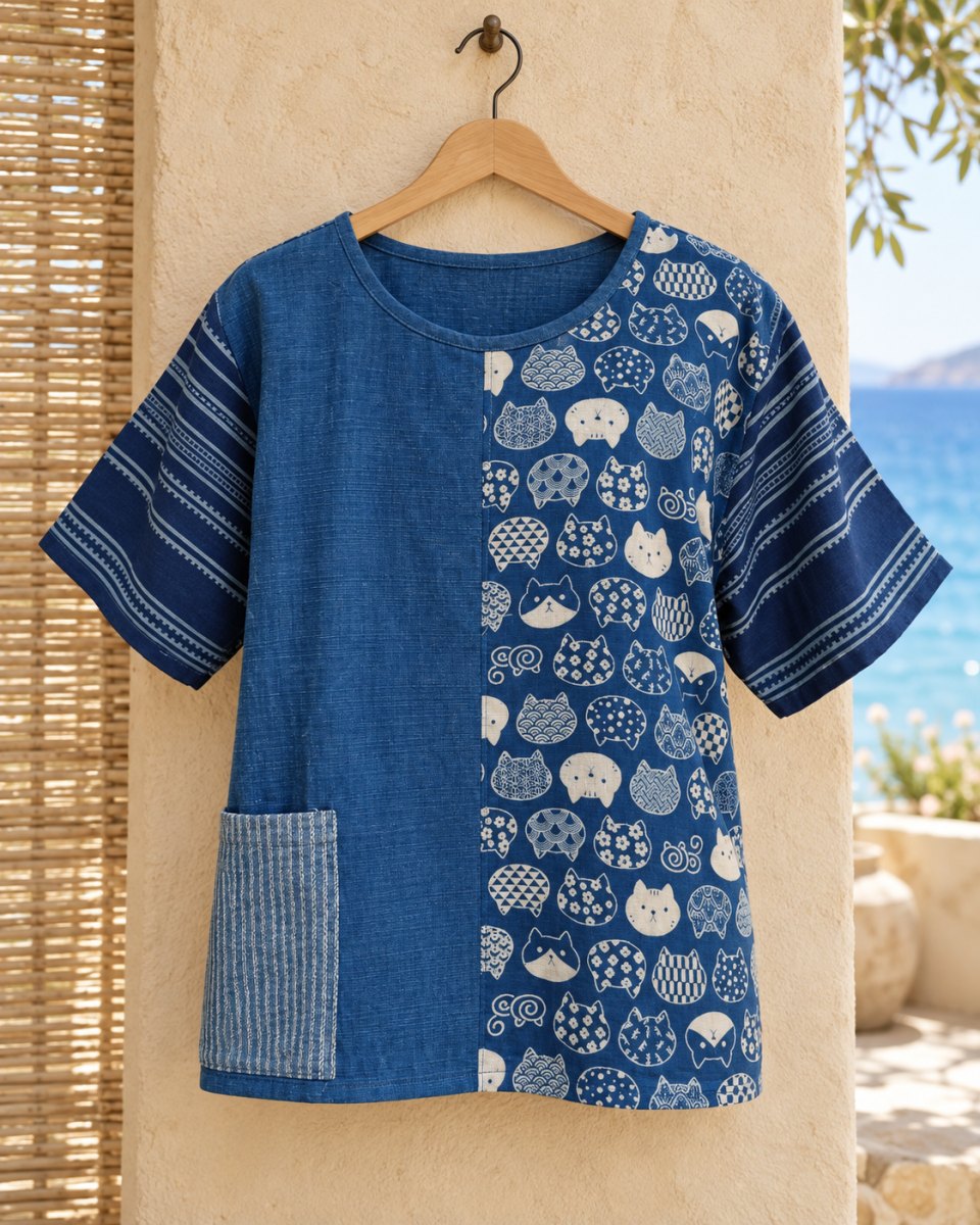 Indigo Cat-Print Patchwork Cotton Top with Pocket