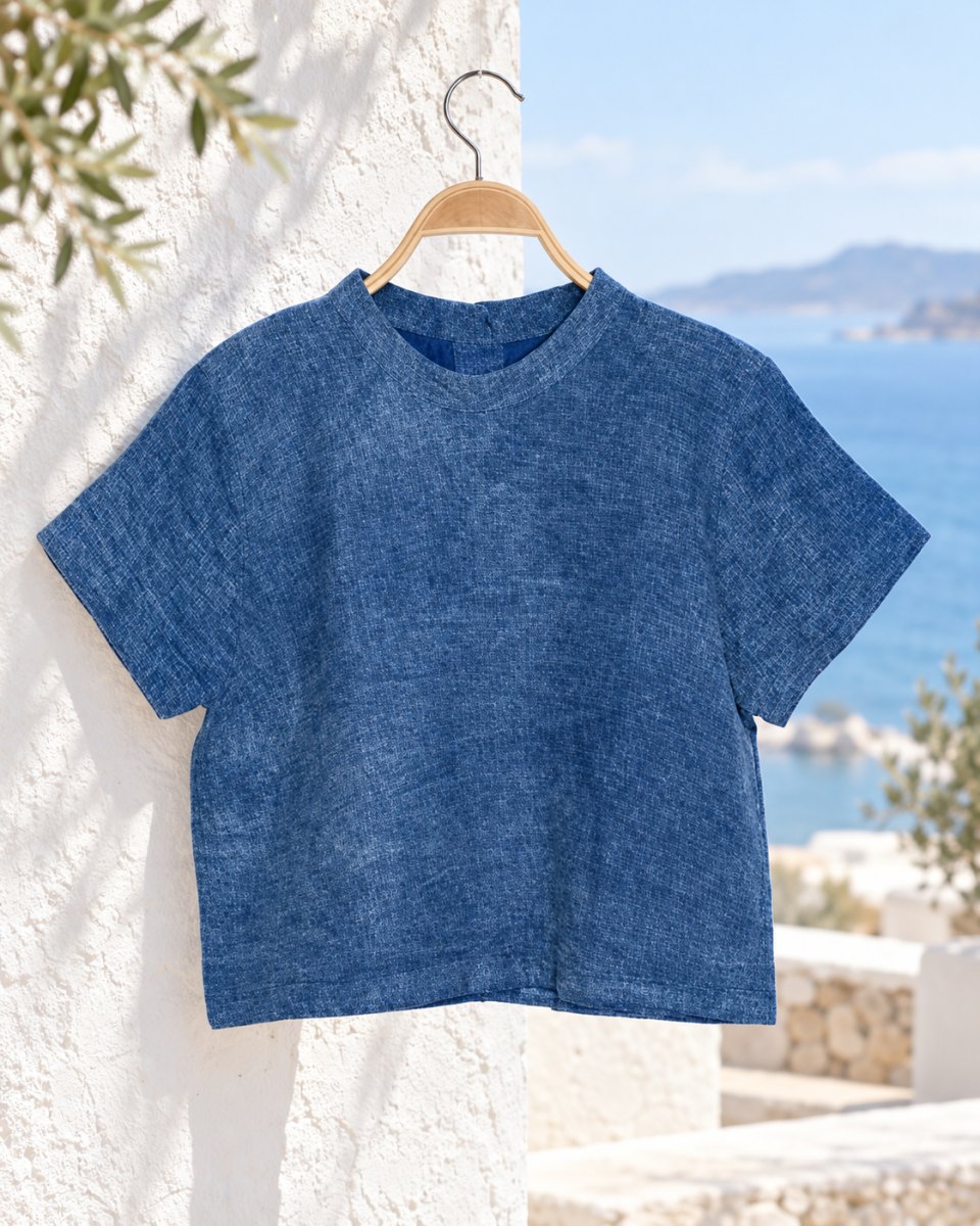 Indigo Cotton Top with Back Buttons