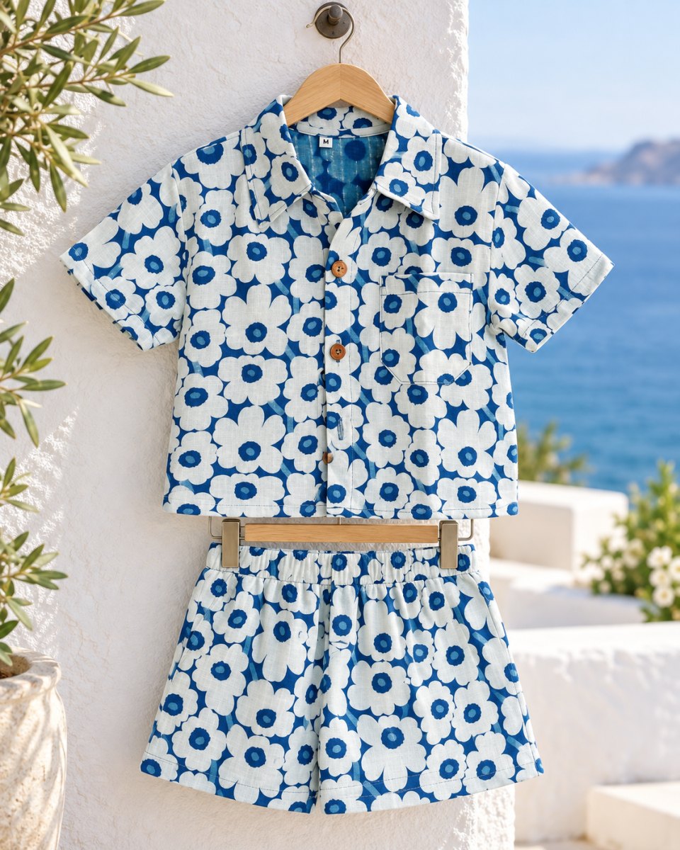 Indigo Floral Cotton Shirt & Shorts Set