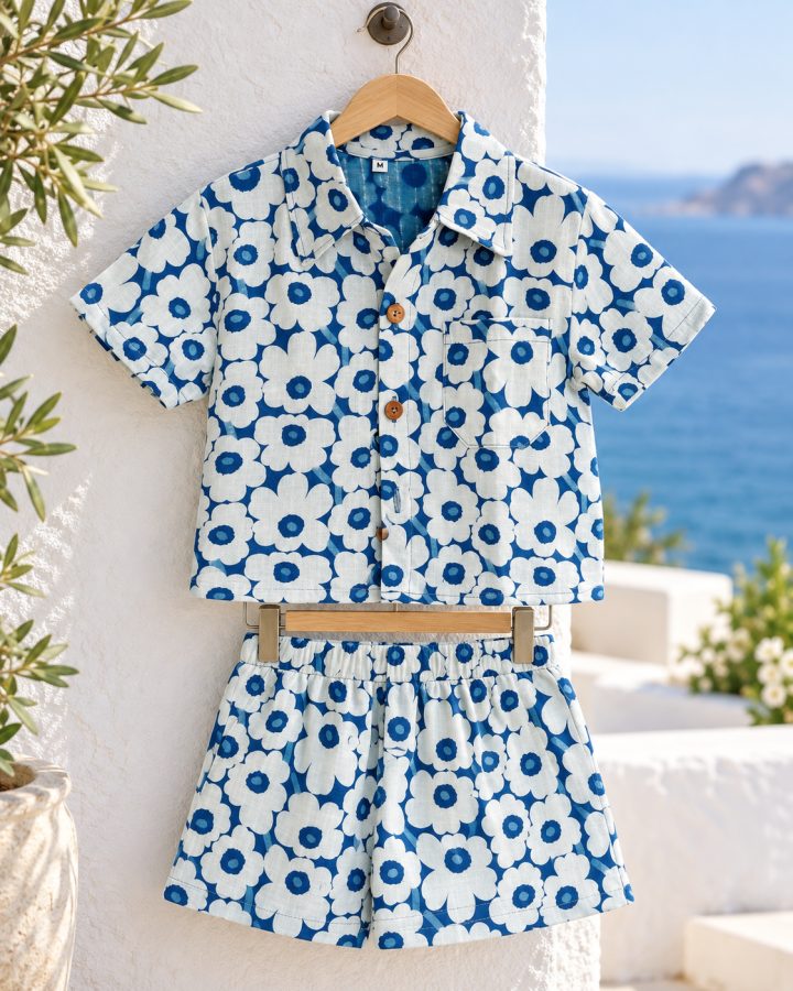 Indigo Floral Cotton Shirt & Shorts Set