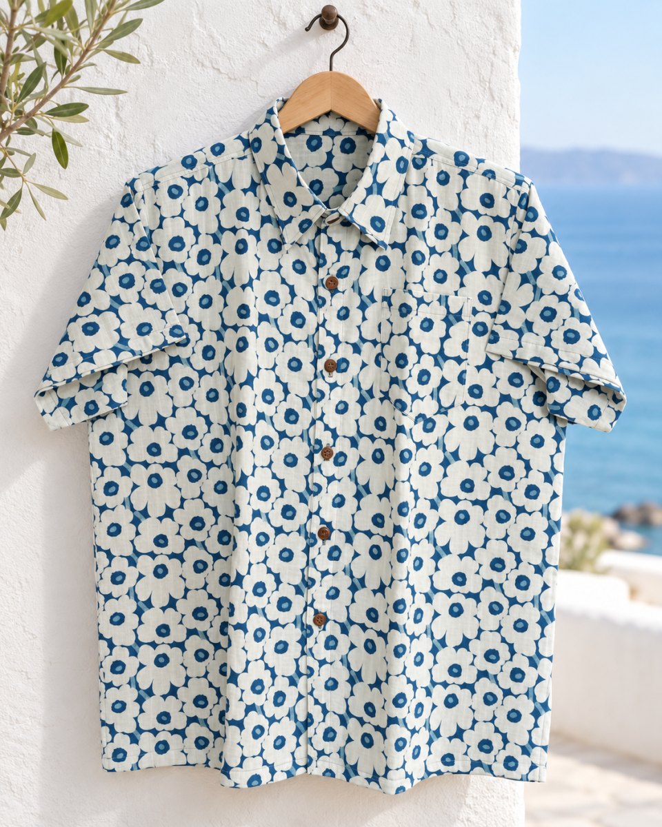 Indigo Floral Short-Sleeve Cotton Shirt