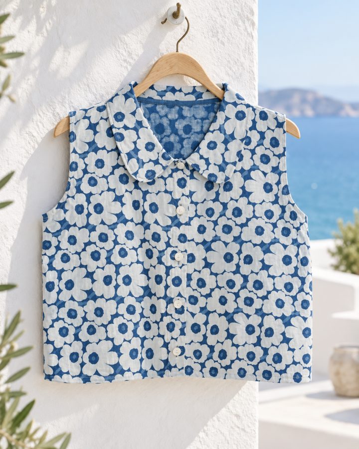 Indigo Floral Sleeveless Collared Blouse