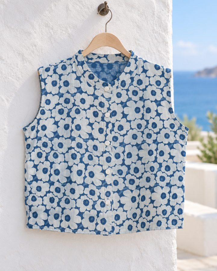 Indigo Floral Sleeveless Mandarin-Collar Blouse