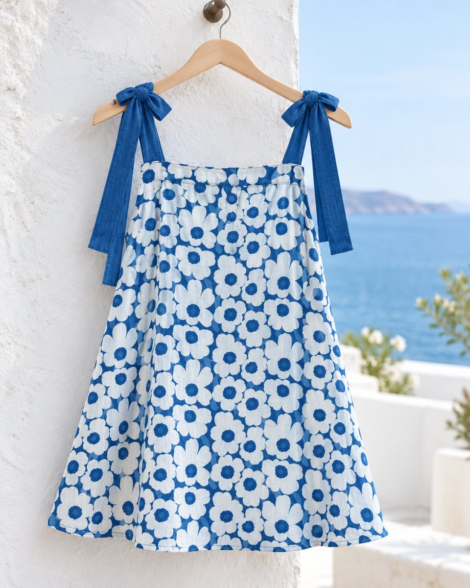 Indigo Floral Tie-Strap Cotton Tunic Dress