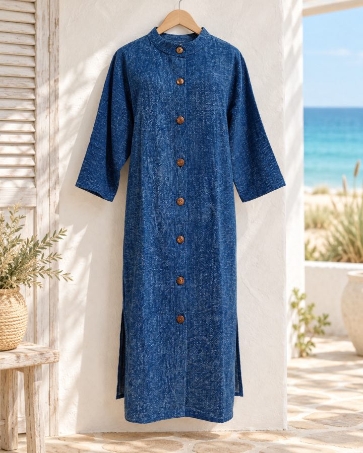 Indigo Heathered Cotton Shirt Dress with Mandarin Collar