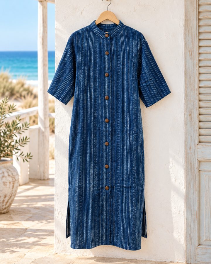 Indigo Striped Cotton Shirt Dress with Mandarin Collar