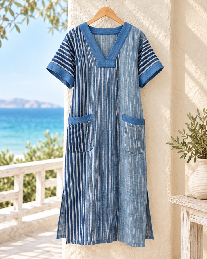 Indigo Striped Cotton V-Neck Dress with Pockets