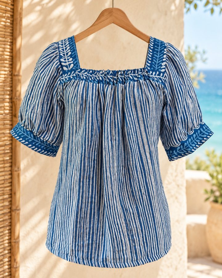 Indigo Striped Square-Neck Blouse with Fern Trim