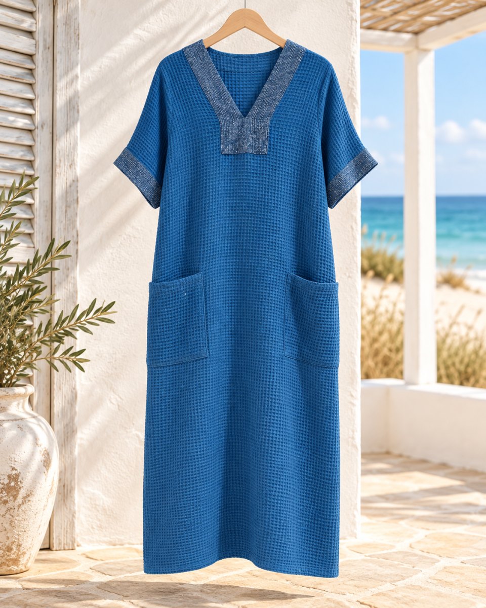 Indigo Waffle Cotton Midi Dress with V-Neck & Pockets