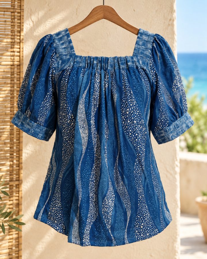 Indigo Wavy-Dot Square-Neck Cotton Blouse