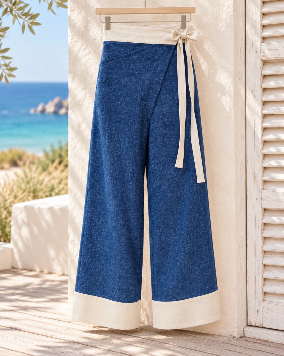 Indigo Wrap Trousers with Ivory Waistband & Cuffs