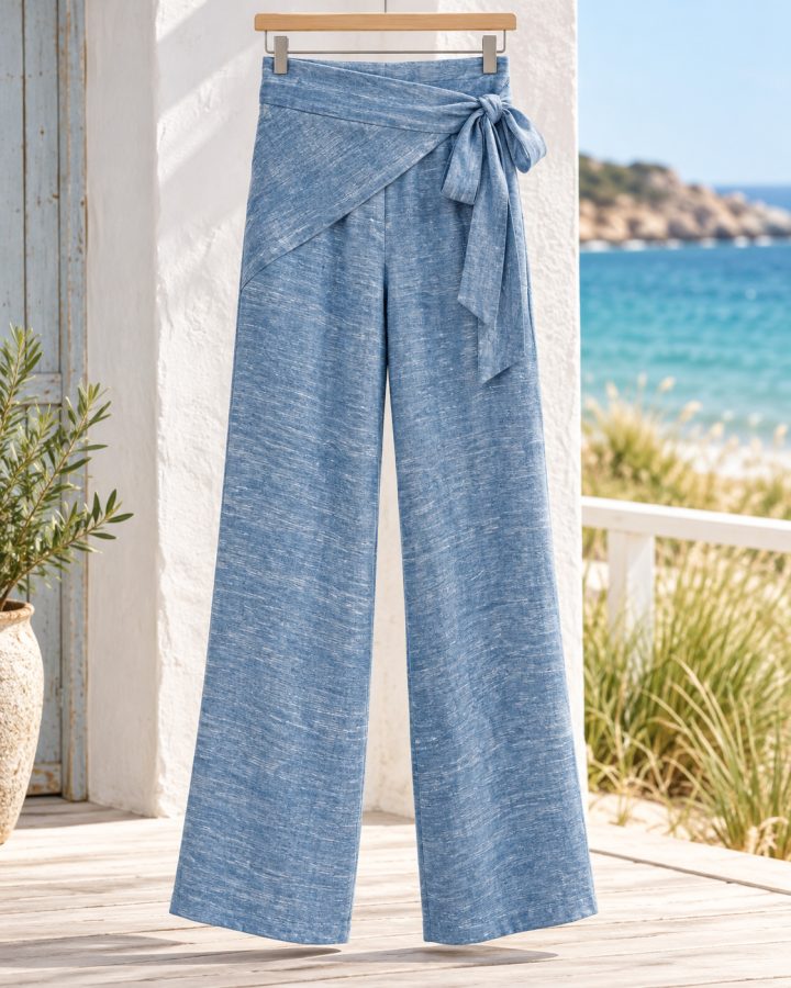 Light Blue Heathered Cotton Wrap Trousers