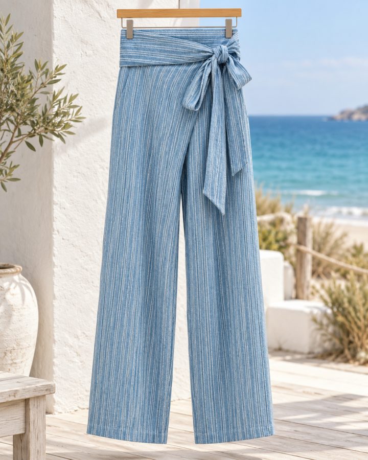 Light Blue Striped Cotton Wrap Trousers