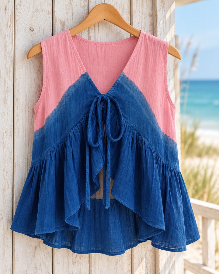 Pink-to-Indigo Sleeveless Tie-Front Peplum Top
