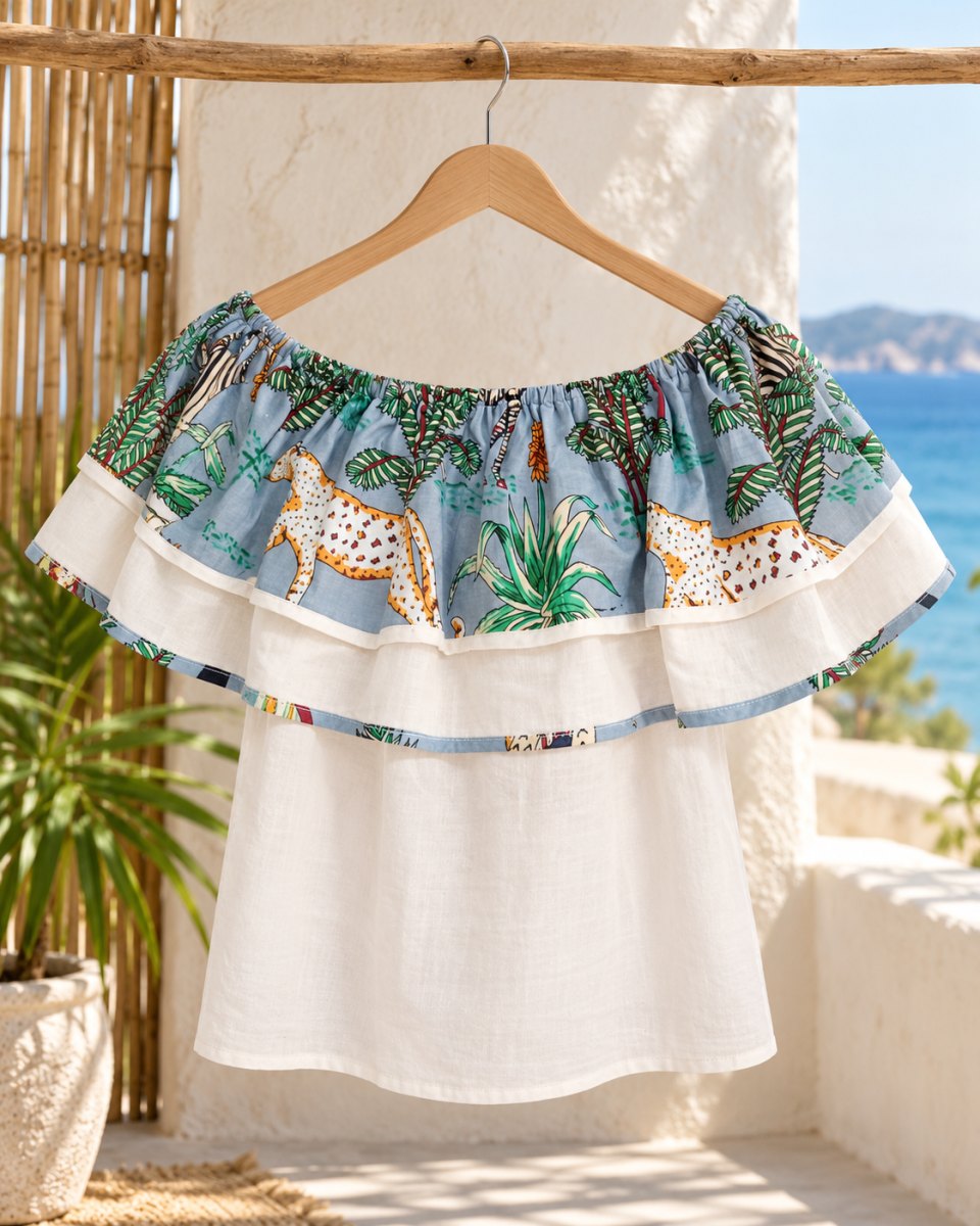 Safari-Print Off-Shoulder Bardot Top — Ivory Cotton