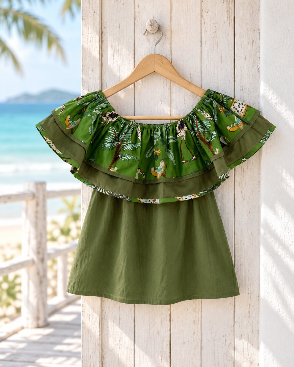 Tropical-Print Off-Shoulder Bardot Top — Olive Green Cotton