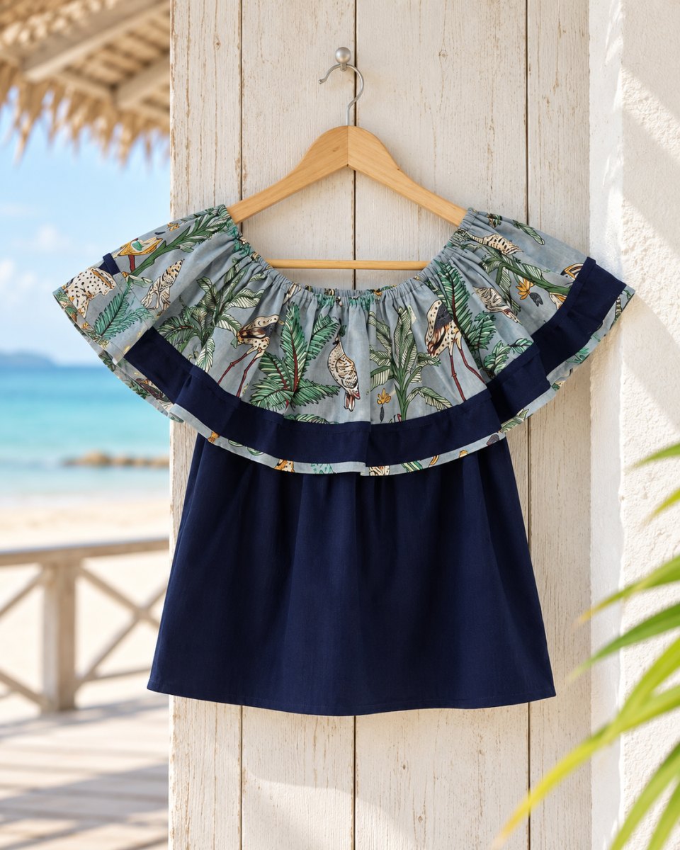Tropical-Print Off-Shoulder Bardot Top — Navy Cotton