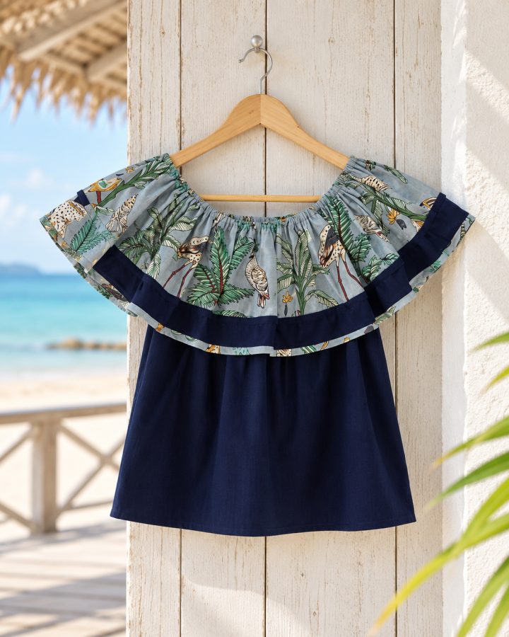 Tropical-Print Off-Shoulder Bardot Top — Navy Cotton