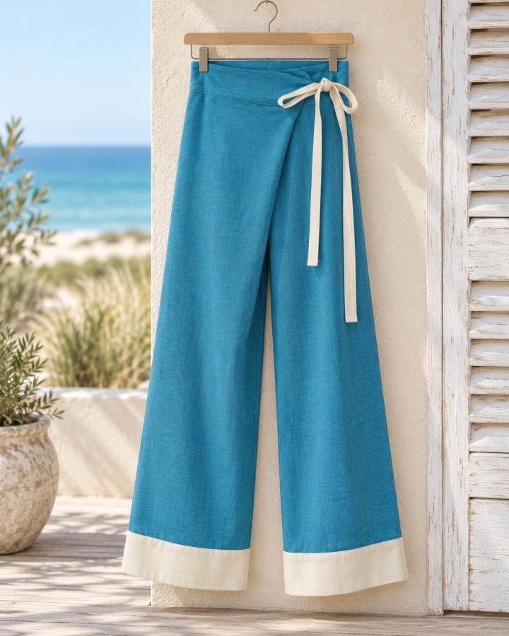 Turquoise Wrap Trousers with Ivory Waistband & Cuffs