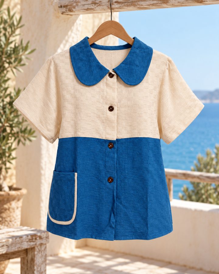 Two-Tone Peter Pan Collar Blouse — Denim Blue & Cream