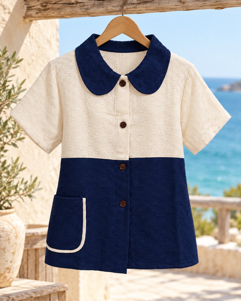 Two-Tone Peter Pan Collar Blouse — Navy & Cream
