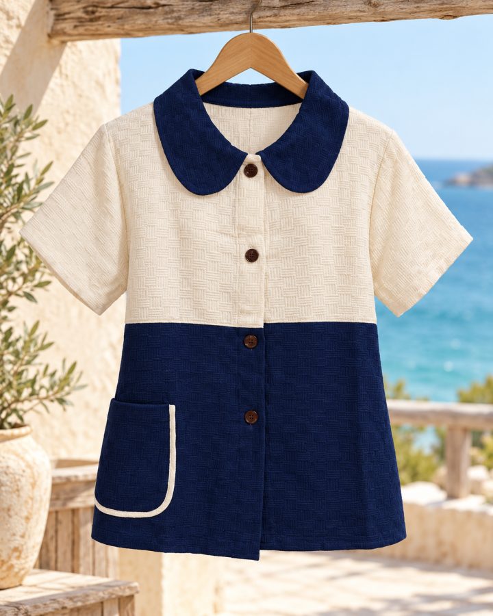 Two-Tone Peter Pan Collar Blouse — Navy & Cream