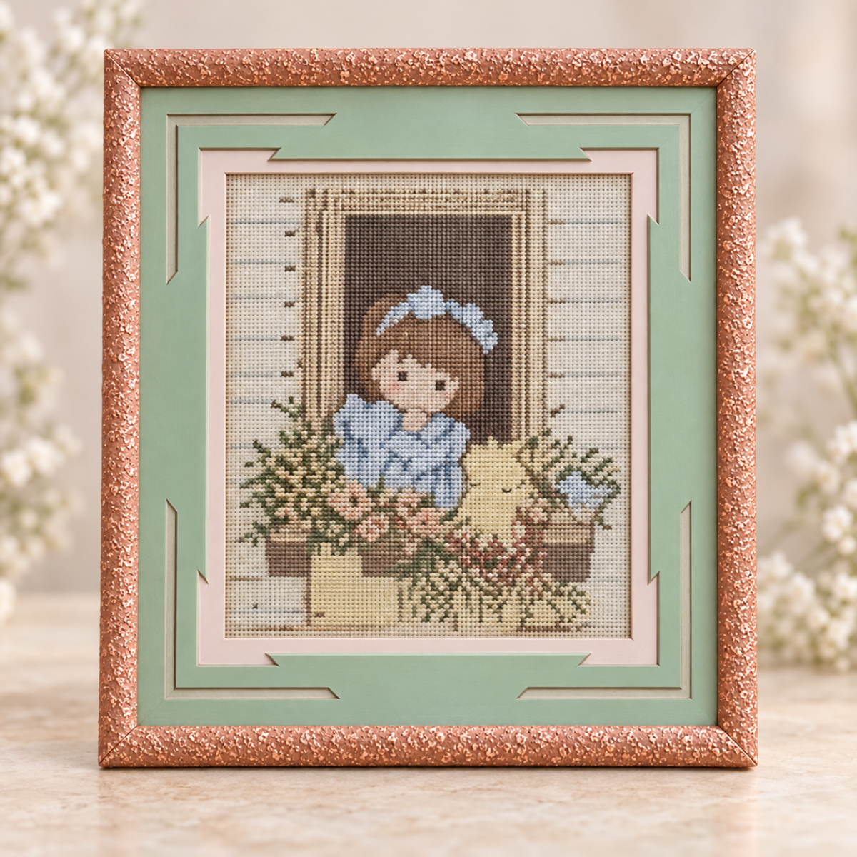 “A Girl and a Cat” — Framed Cross-Stitch Artwork