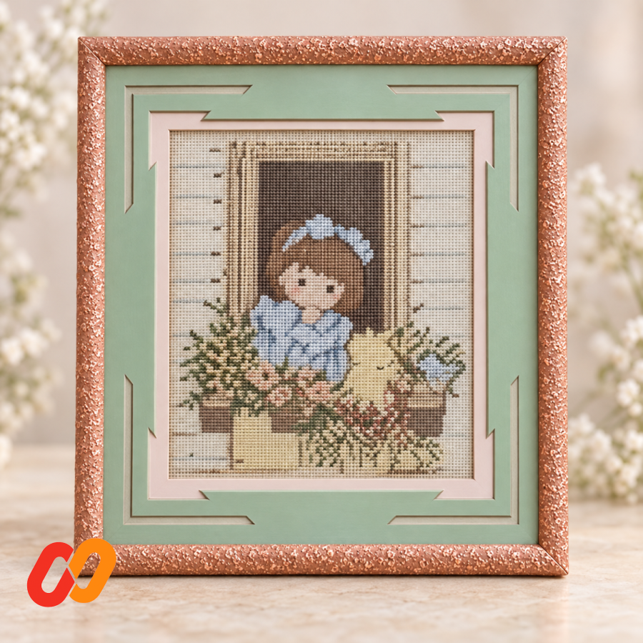 “A Girl and a Cat” — Framed Cross-Stitch Artwork