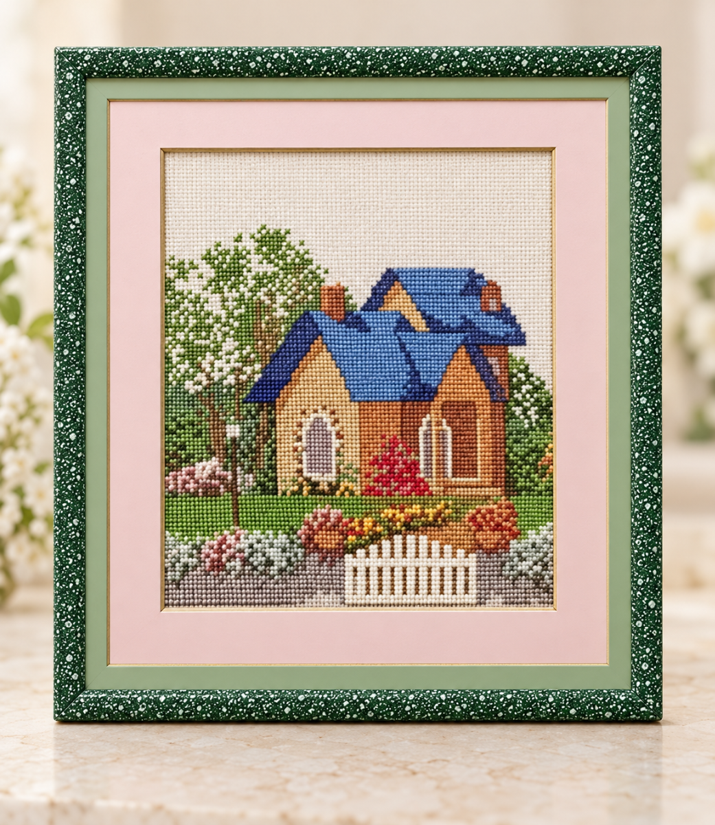 “A House in a Garden” — Framed Cross-Stitch Artwork