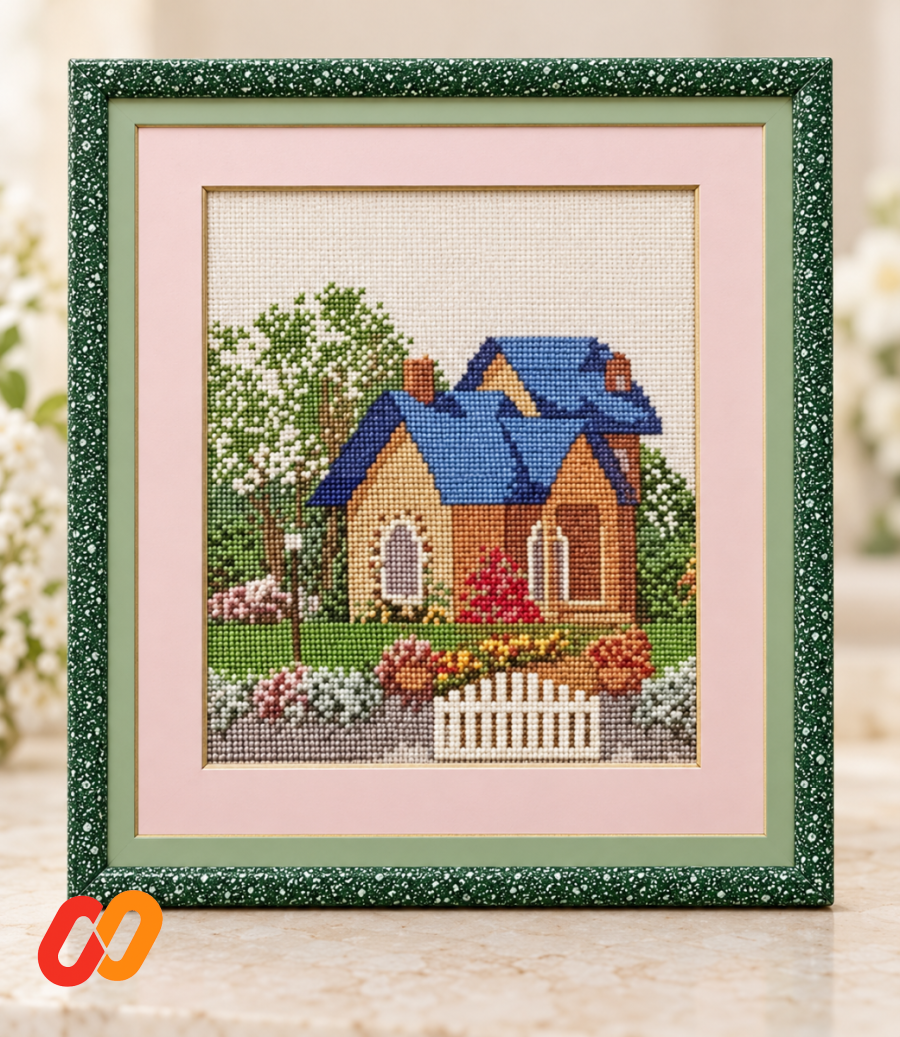 “A House in a Garden” — Framed Cross-Stitch Artwork