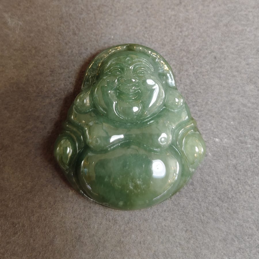 Green Jadeite Laughing Buddha, Type A, 143.02 ct — AIG Certified