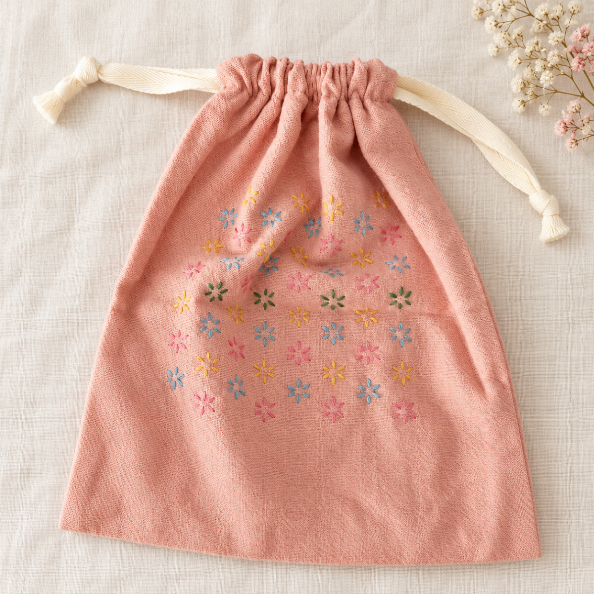 Hand-Embroidered Drawstring Pouch — Dusty Pink