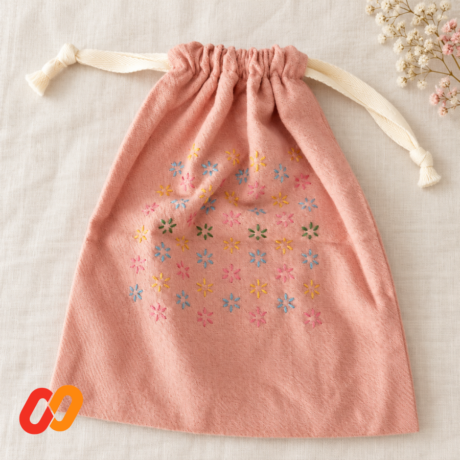 Hand-Embroidered Drawstring Pouch — Dusty Pink