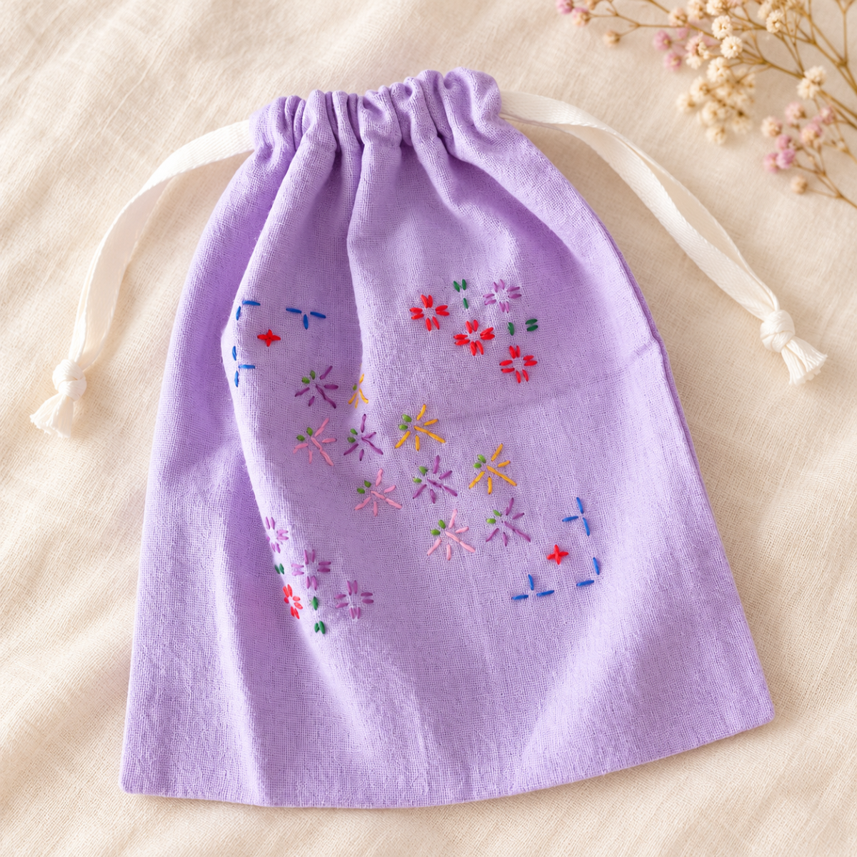 Hand-Embroidered Drawstring Pouch — Lavender