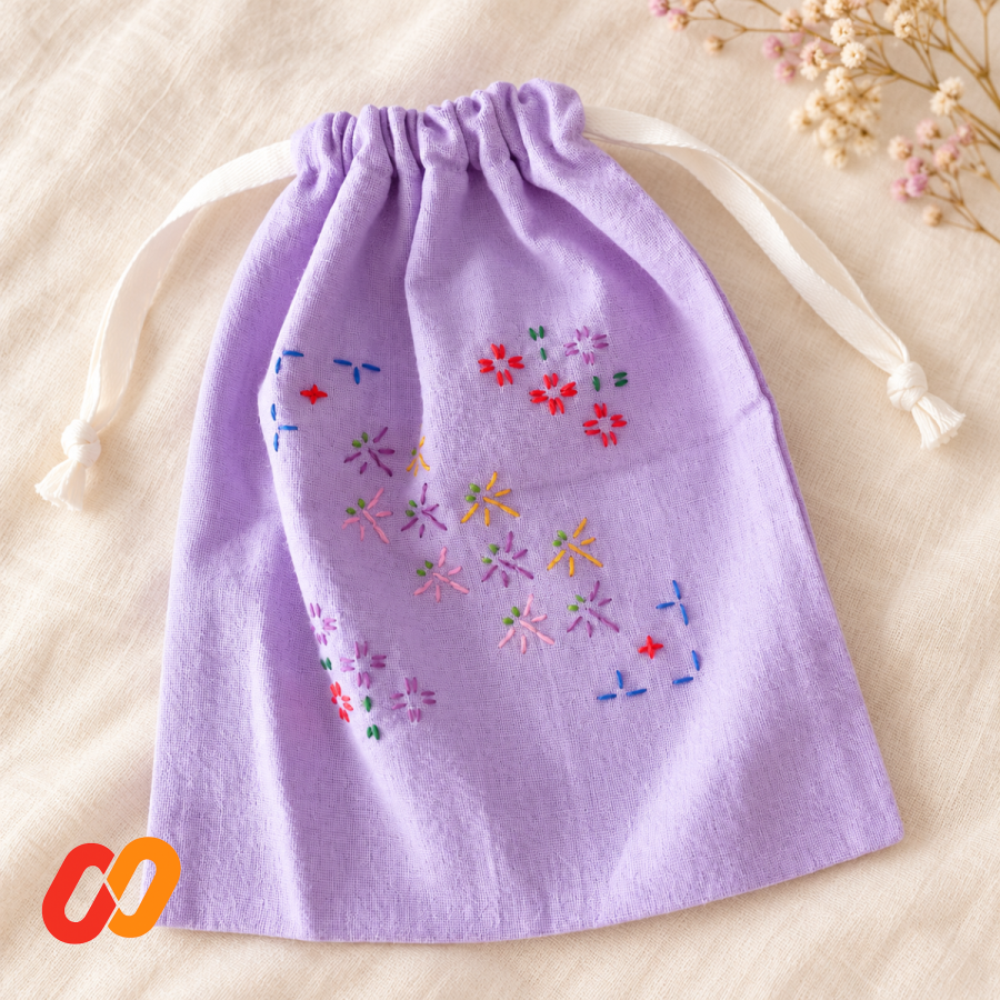 Hand-Embroidered Drawstring Pouch — Lavender