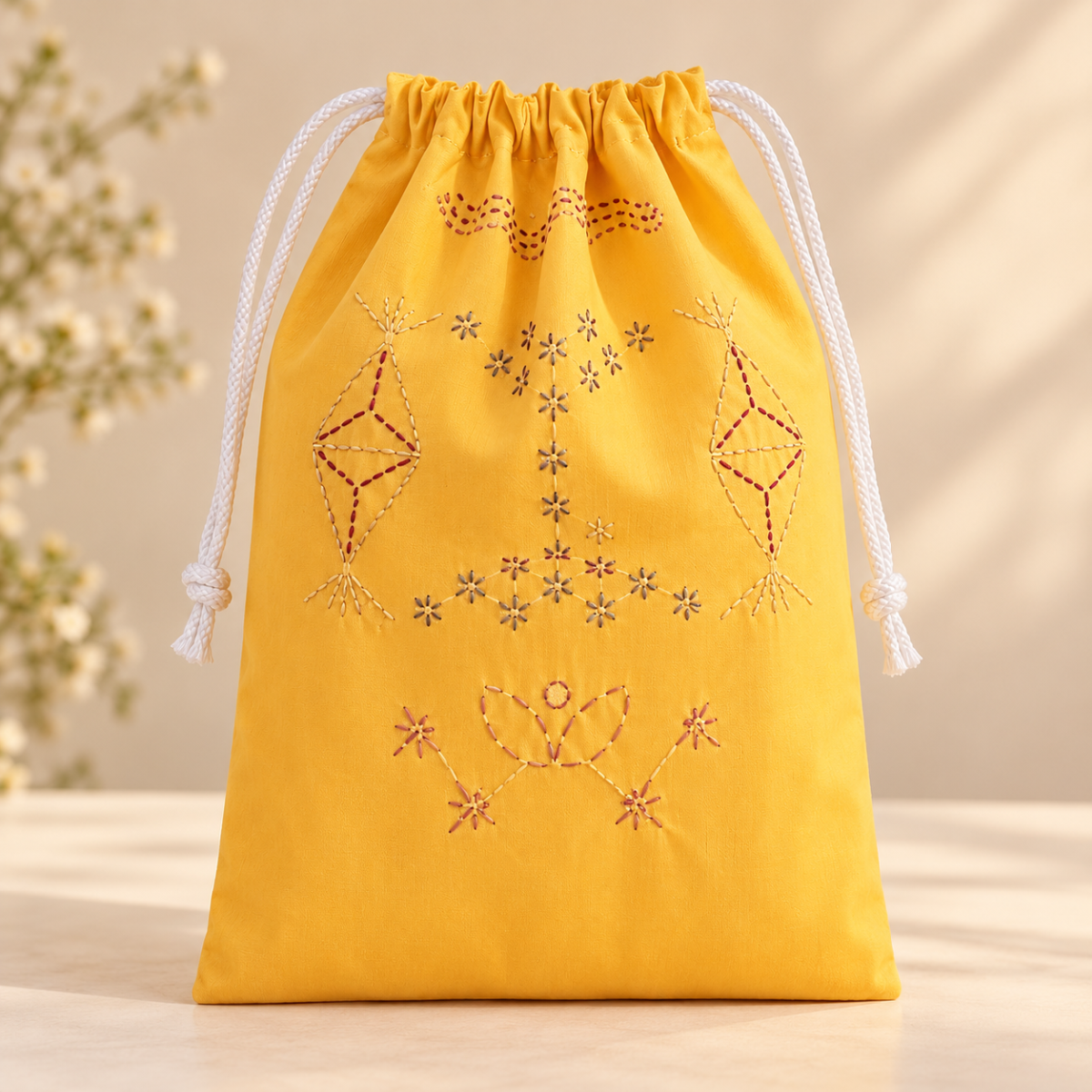 Hand-Embroidered Sashiko Drawstring Bag — Yellow