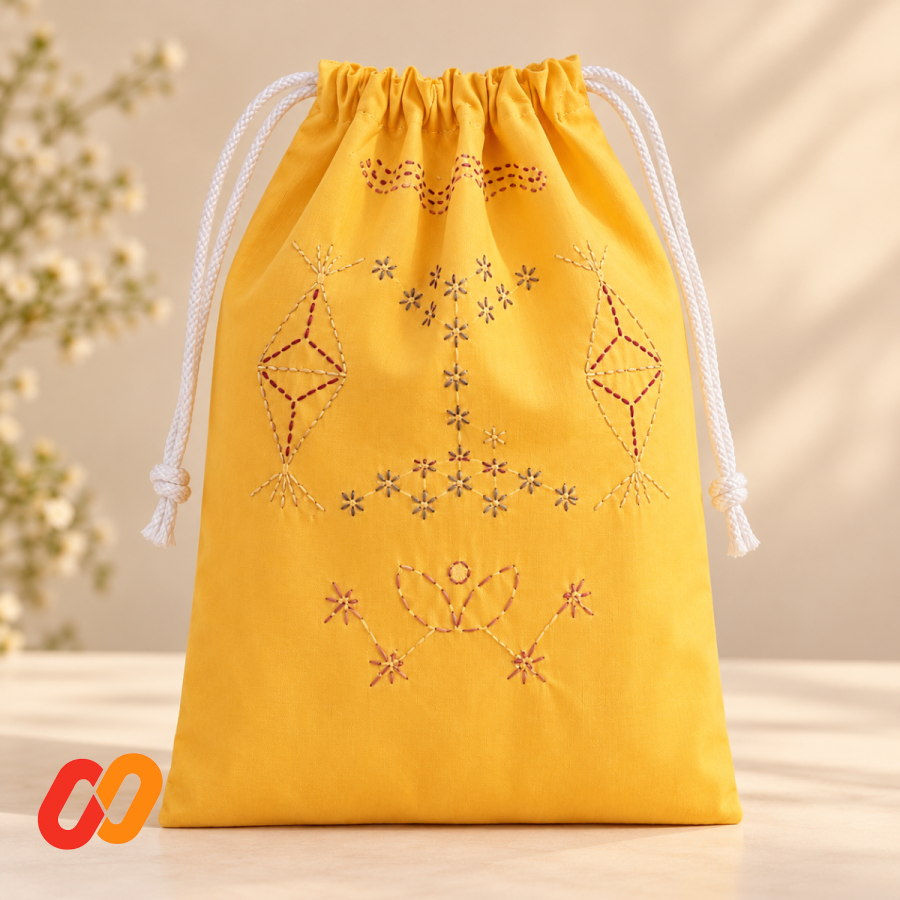 Hand-Embroidered Sashiko Drawstring Bag — Yellow