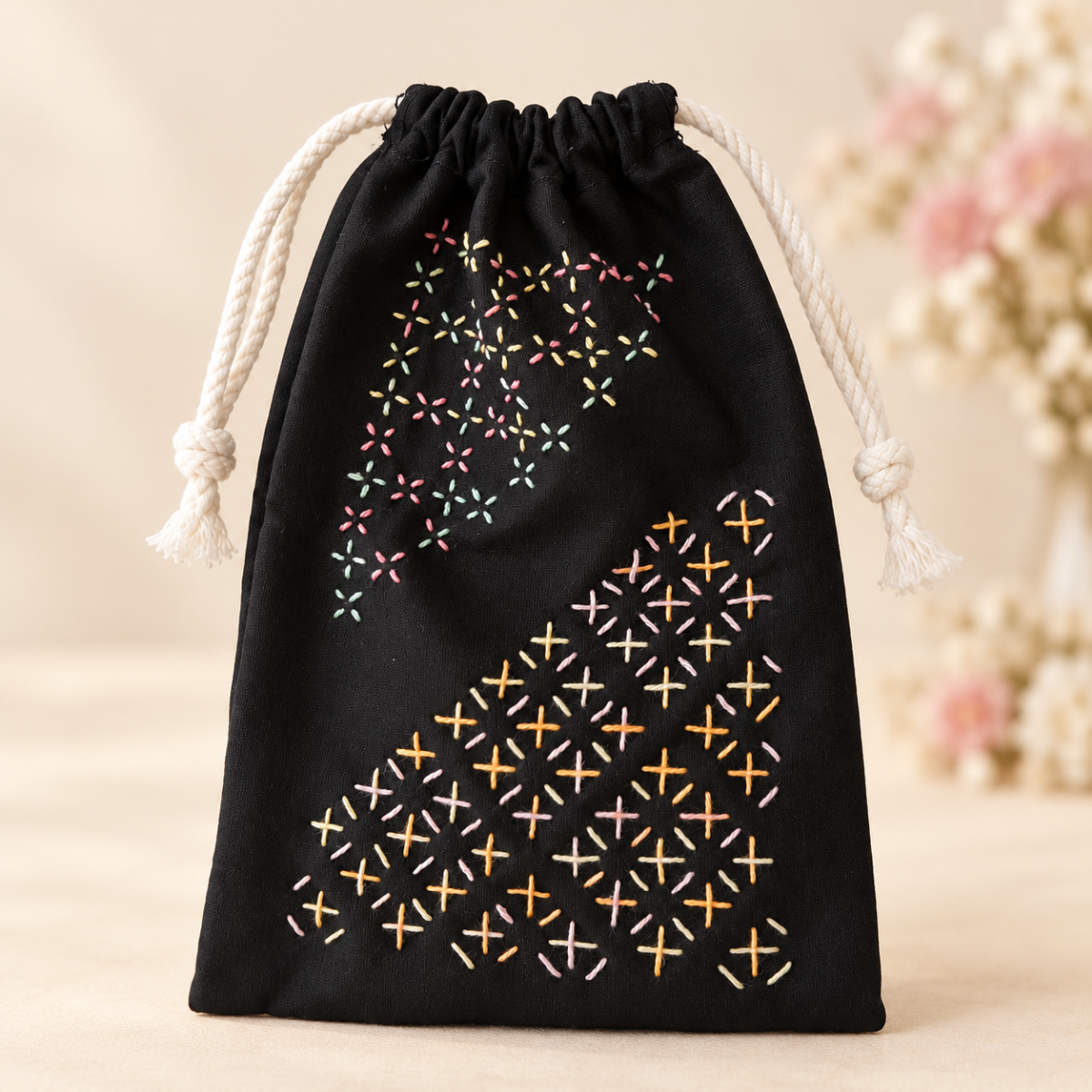 Hand-Embroidered Sashiko Drawstring Pouch — Black