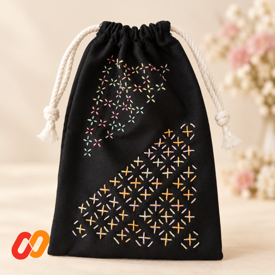 Hand-Embroidered Sashiko Drawstring Pouch — Black