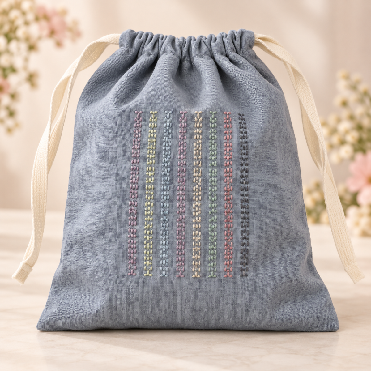 Hand-Embroidered Sashiko Drawstring Pouch — Blue-Grey