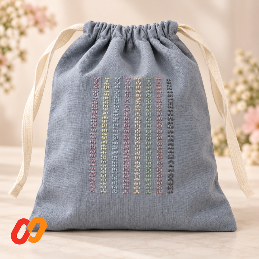 Hand-Embroidered Sashiko Drawstring Pouch — Blue-Grey