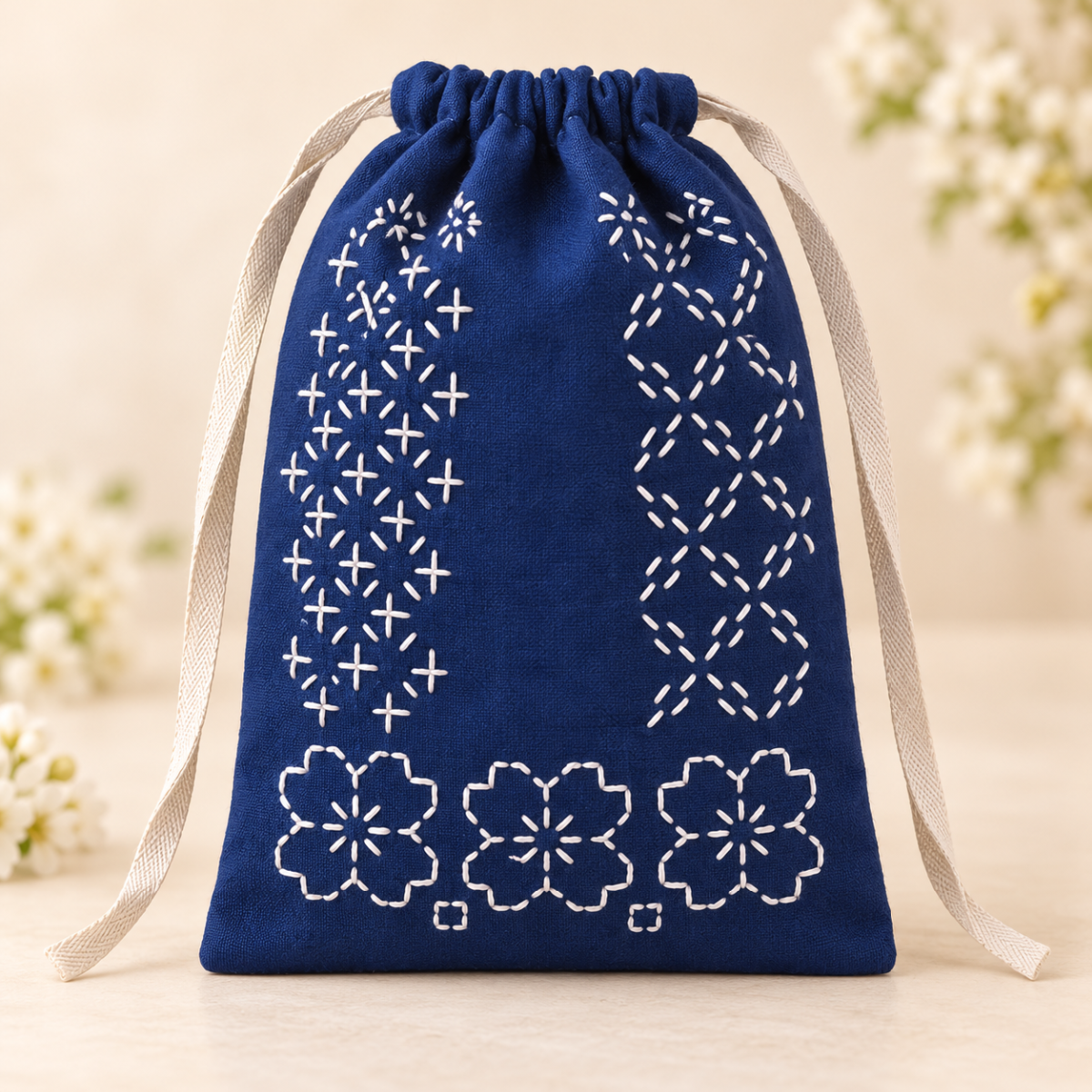 Hand-Embroidered Sashiko Drawstring Pouch — Blue & White