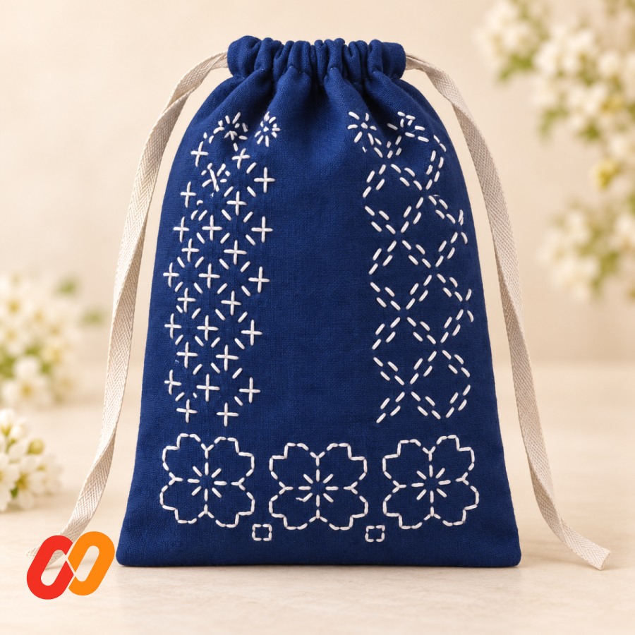 Hand-Embroidered Sashiko Drawstring Pouch — Blue & White